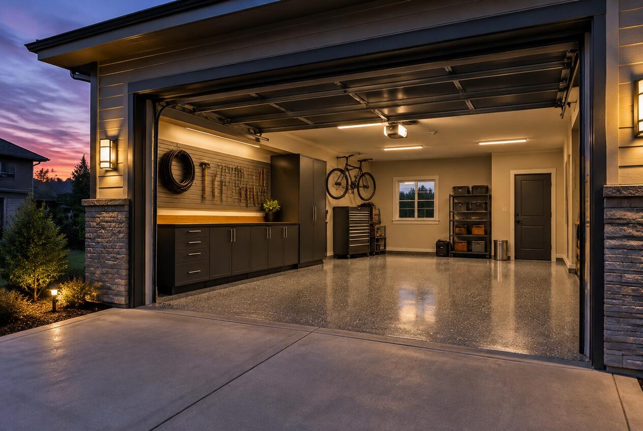 View from the driveway into a finished garage with the overhead door raised, showing the epoxy floor, storage cabinets and slatwall tools at dusk